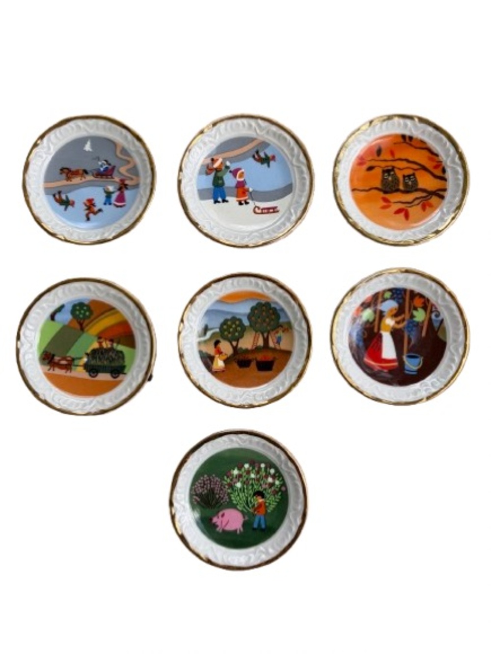 VTG Mitterteich Bavaria Barbara Furstenhofer 7 Mini Plates of 4 Seasons Folk Art